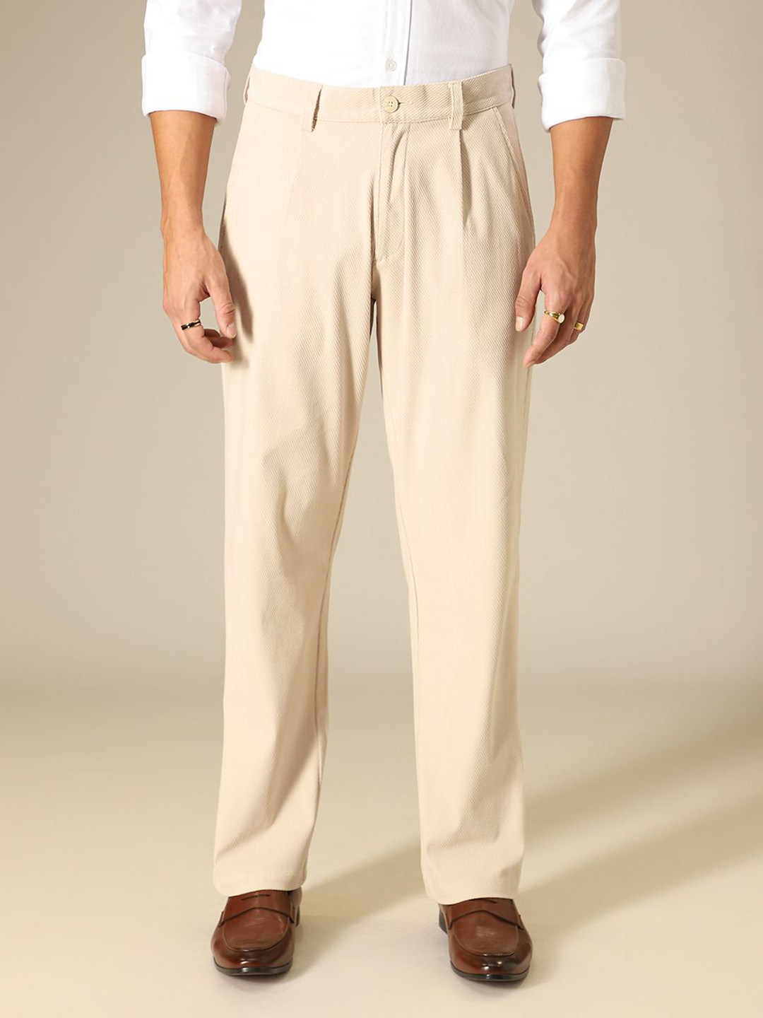 Banana Club Men Textured Beige Classic Corduroy Pleated Trousers