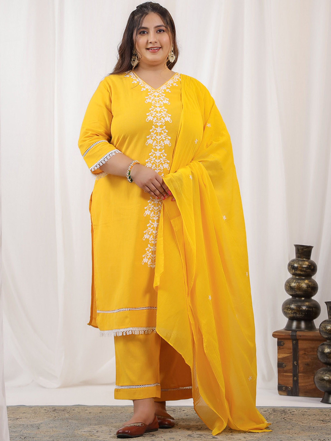 LALI JAIPUR Plus Size Yoke Design Pure Cotton Straight Kurta with Trousers & With Dupatta