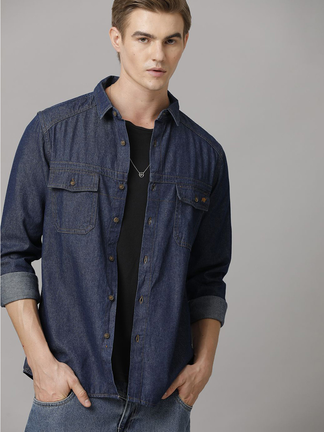 TEMPLE OF DENIM Men India Slim Spread Collar Solid Denim Casual Shirt