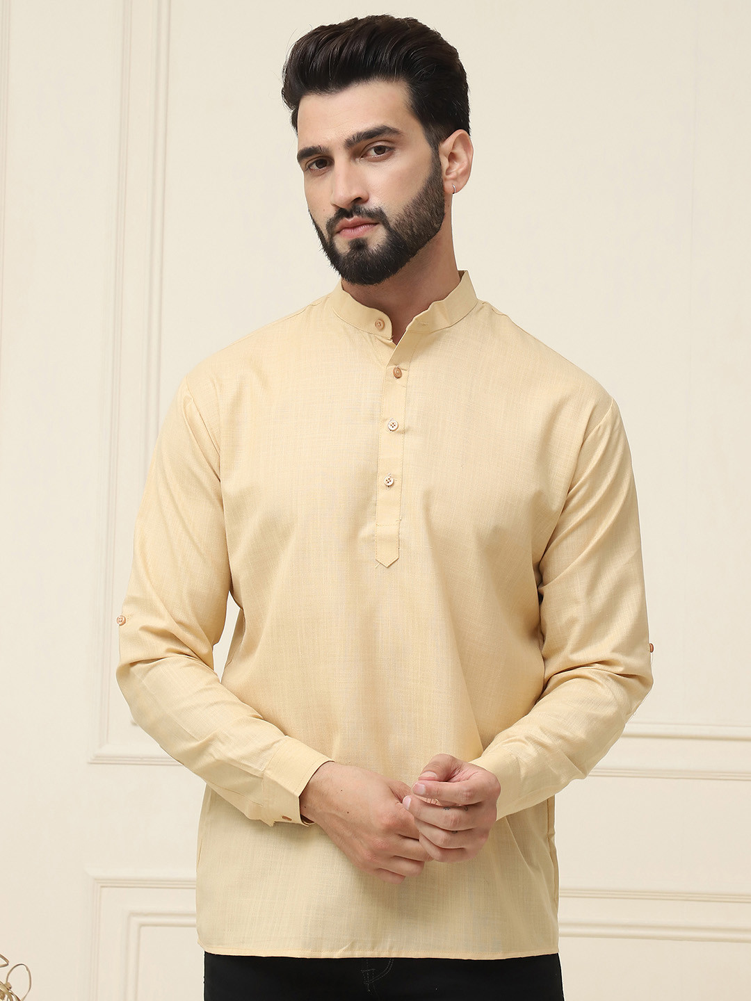 SOJANYA Band Collar Neck Roll-Up Sleeves Regular Pure Cotton Straight Kurta