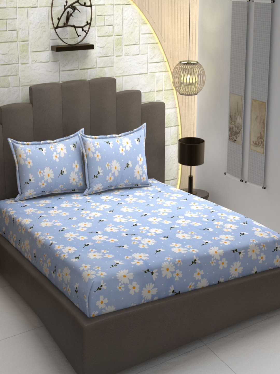 AaHo Decor Blue Floral Polyester 300 TC King Fine Bedsheet with 2 Pillow Covers-78 x 72 inches