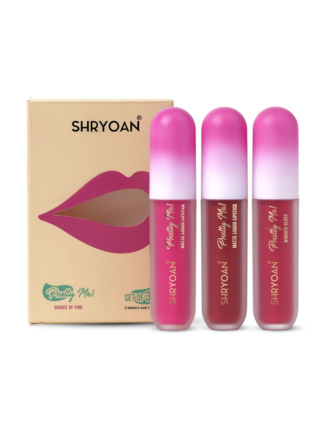 SHRYOAN Set Of 3 Pretty Me Water Proof 2 Liquid Lipstick & Lip Gloss -3.5g -Shade Of Pink