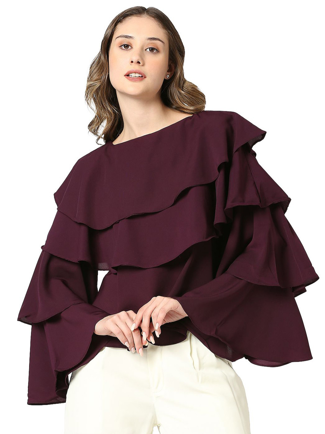 Ammarzo Fiona Bell Sleeves Layered Ruffle Linen Top