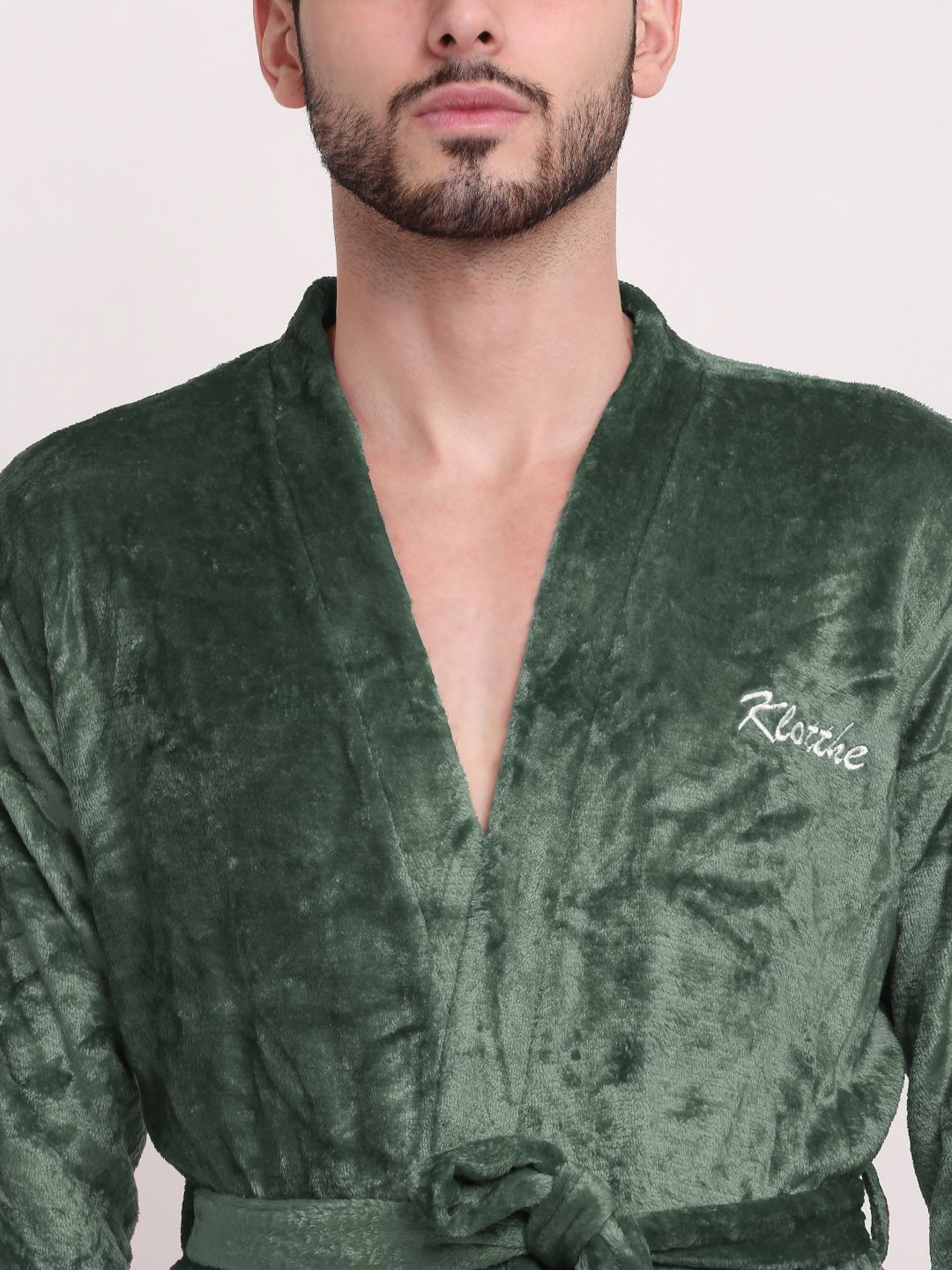 KLOTTHE Green Solid Wool Drawstring Knee Length Bath Robe-S