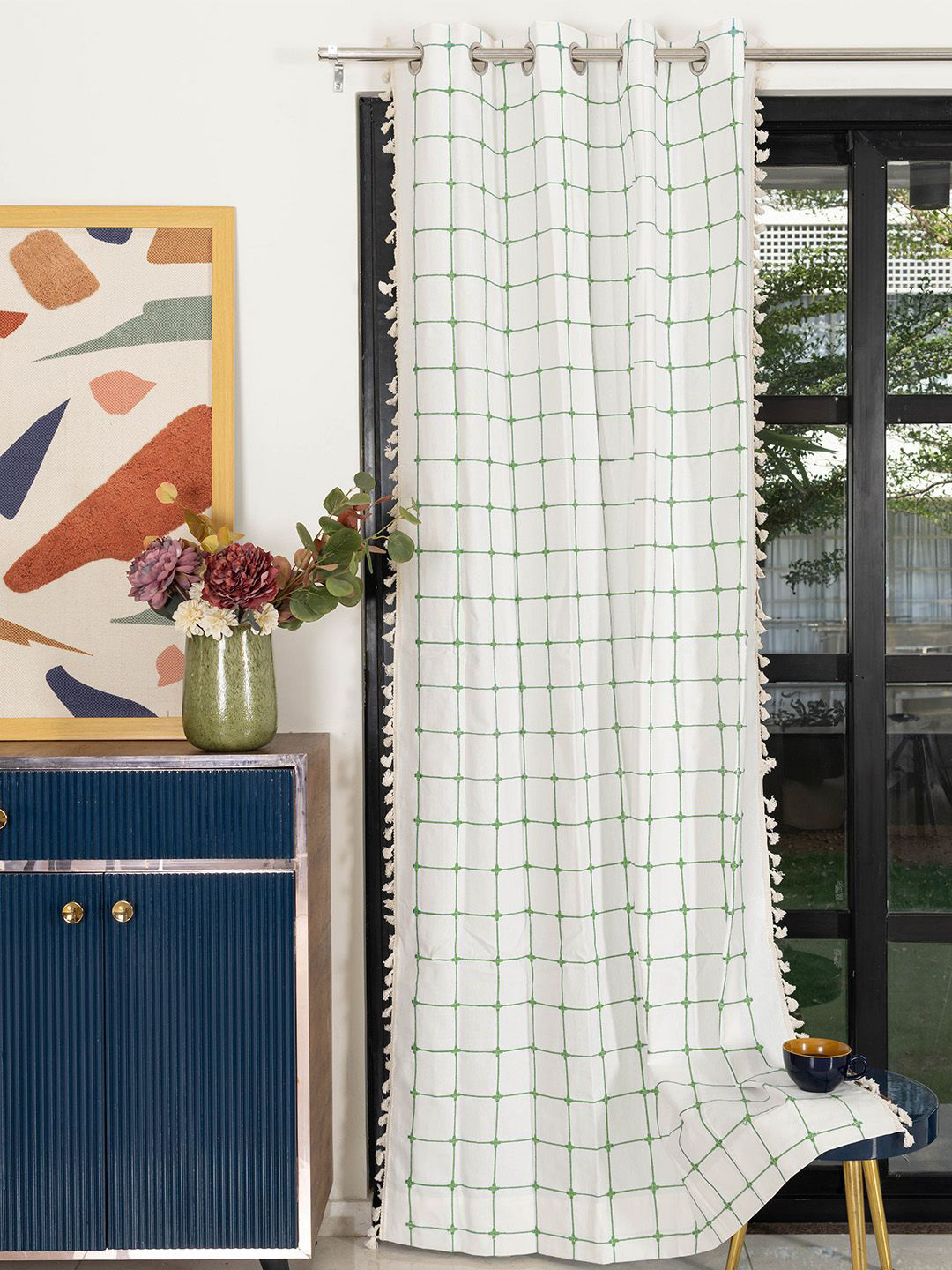 URBAN SPACE White & Green Checked Cotton Door Curtain