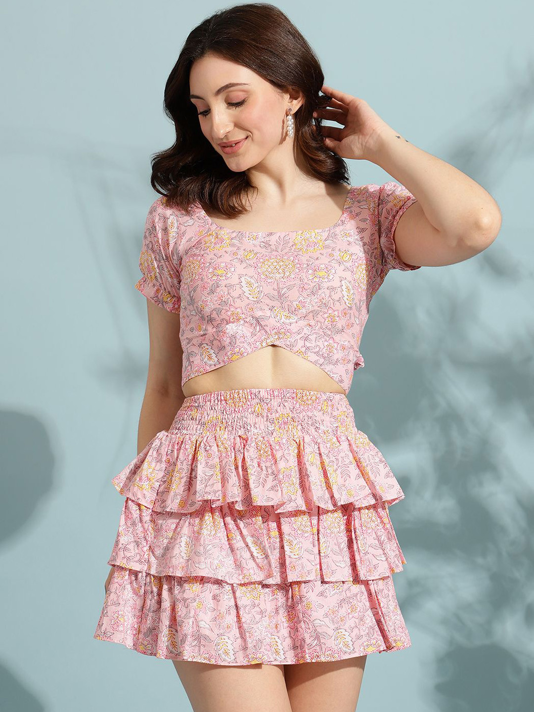 VIRAGO Floral Printed Pure Cotton Top With Skirt