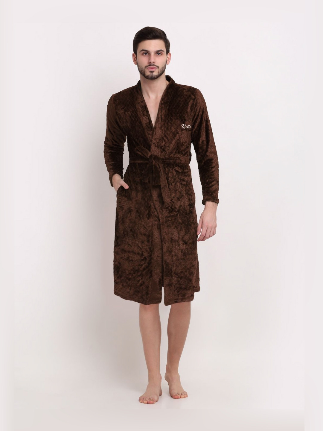 KLOTTHE Brown Self Design Wool Drawstring Knee Length Bath Robe-S