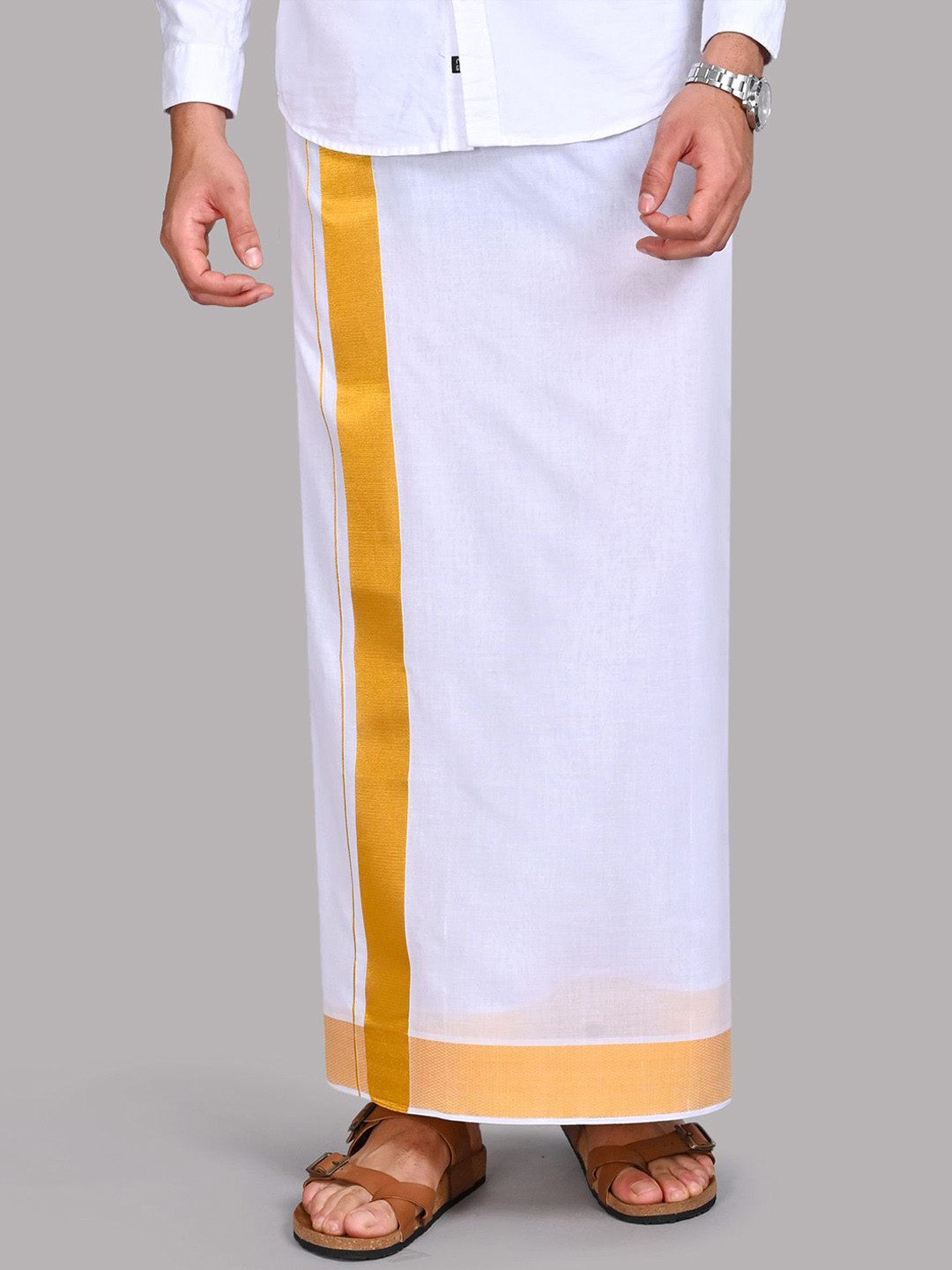 WHITE HEART Men Solid Zari Border Dhoti