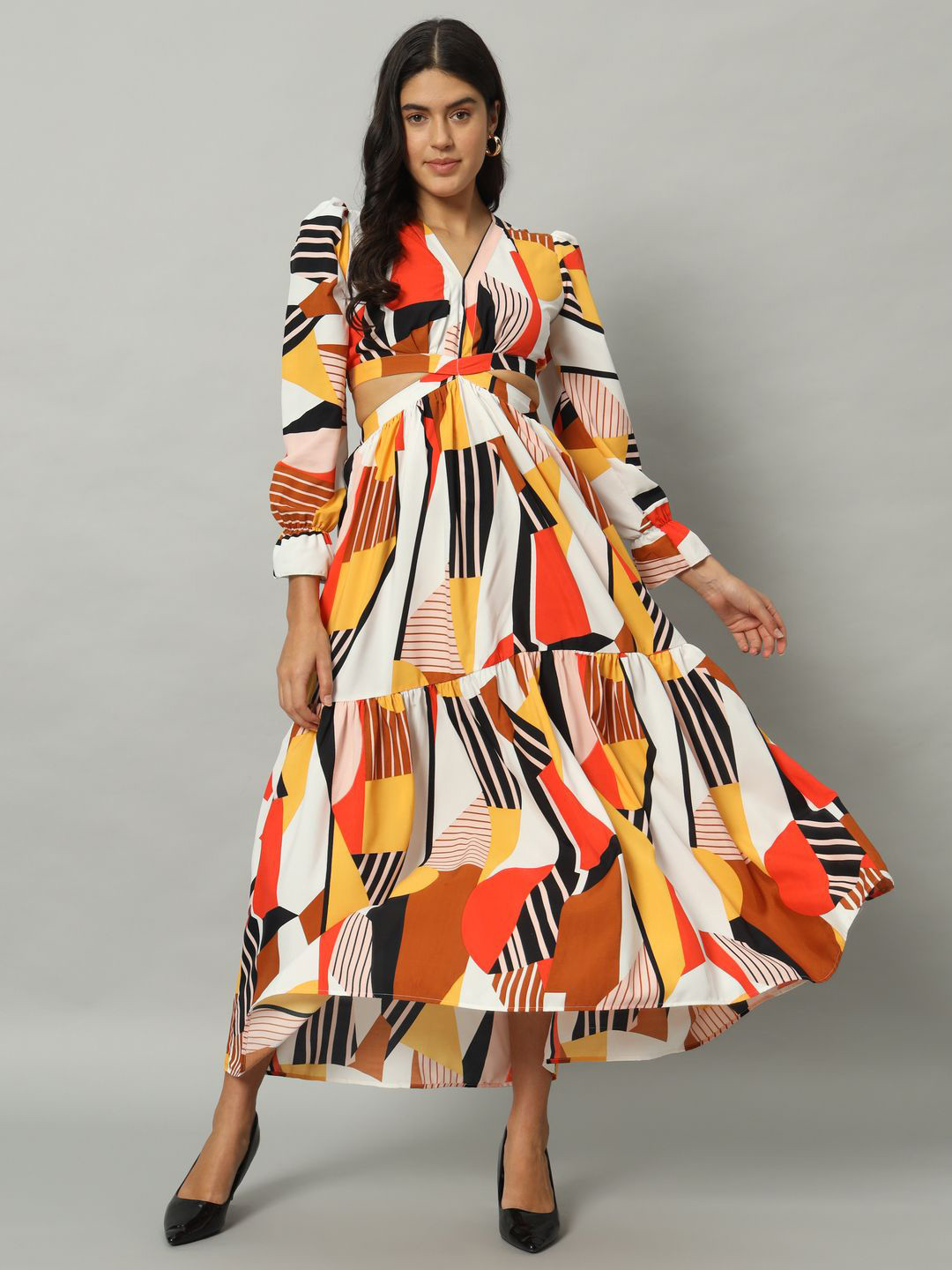 ZWERLON Women Geometric Printed Cutout Maxi Dress