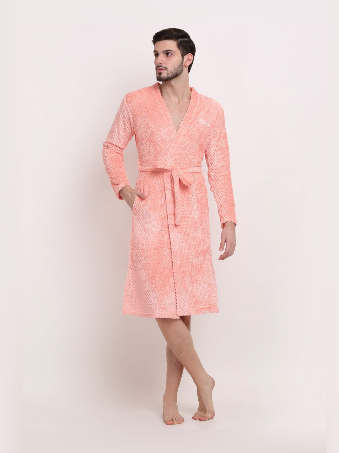 KLOTTHE Orange Self Design Wool Drawstring Knee Length Bath Robe-S
