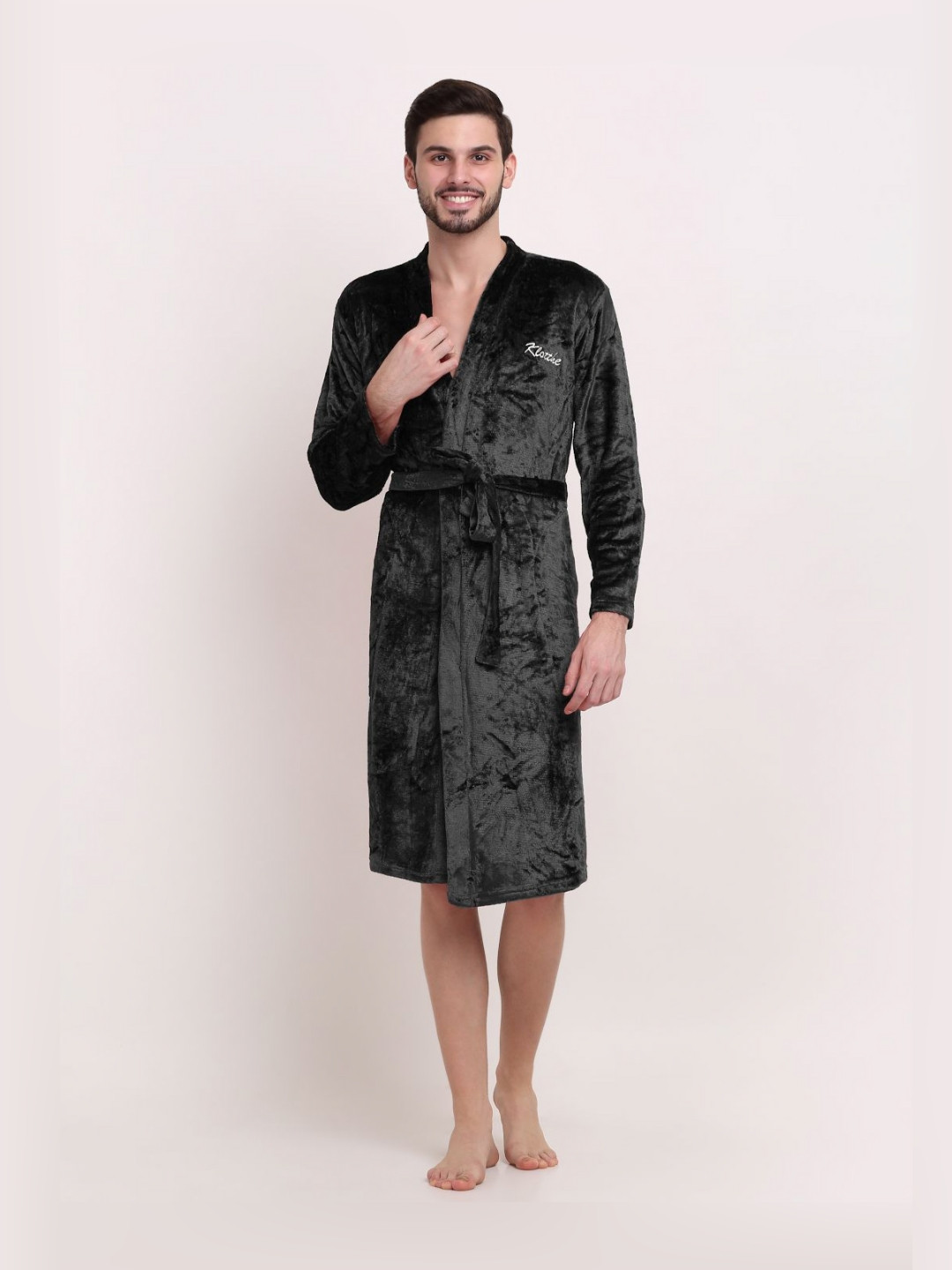 KLOTTHE Black Solid Wool Drawstring Knee Length Bath Robe-S
