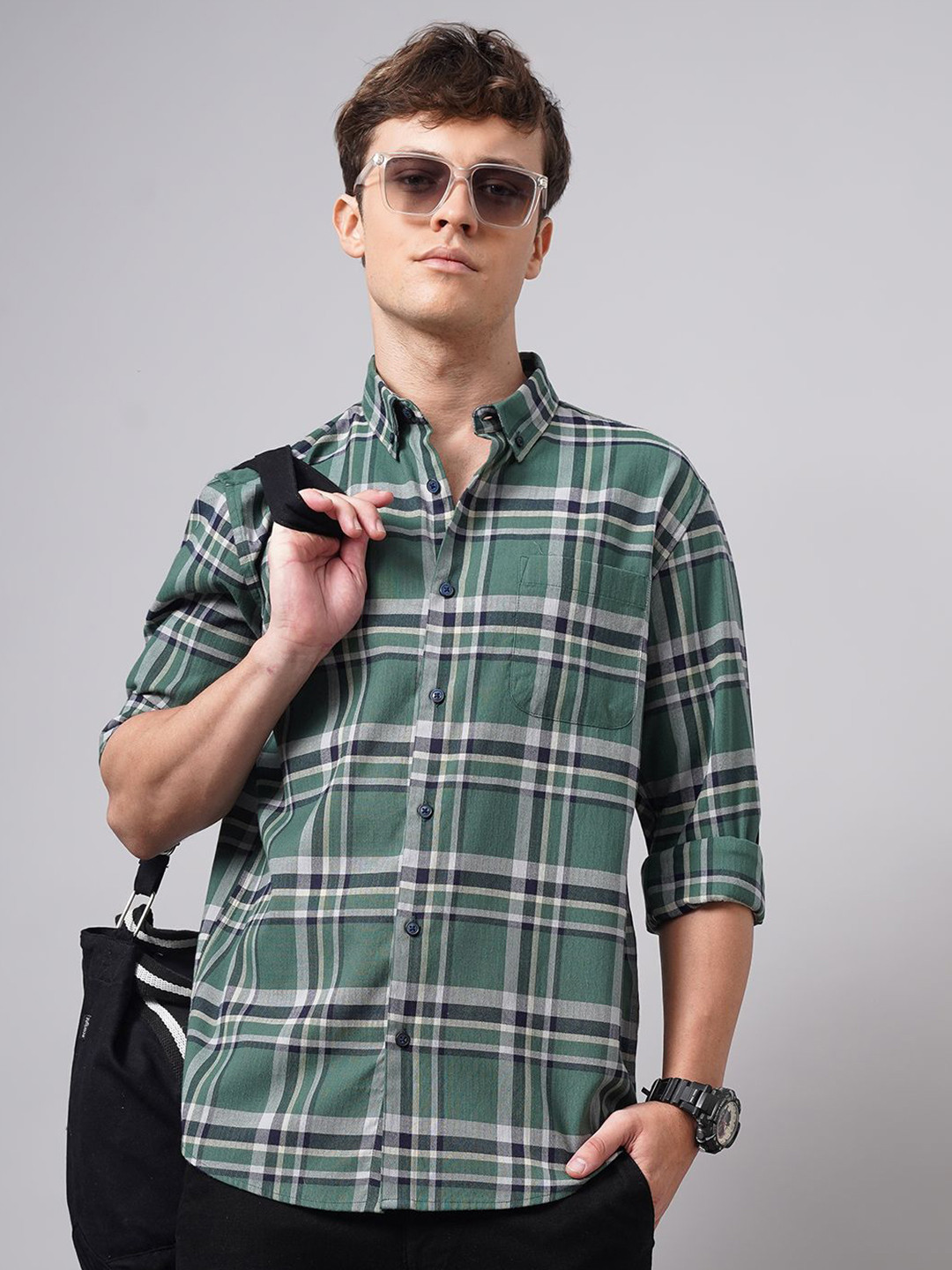 British Club Men Standard Button-Down Collar Tartan Checked Cotton Casual Shirt