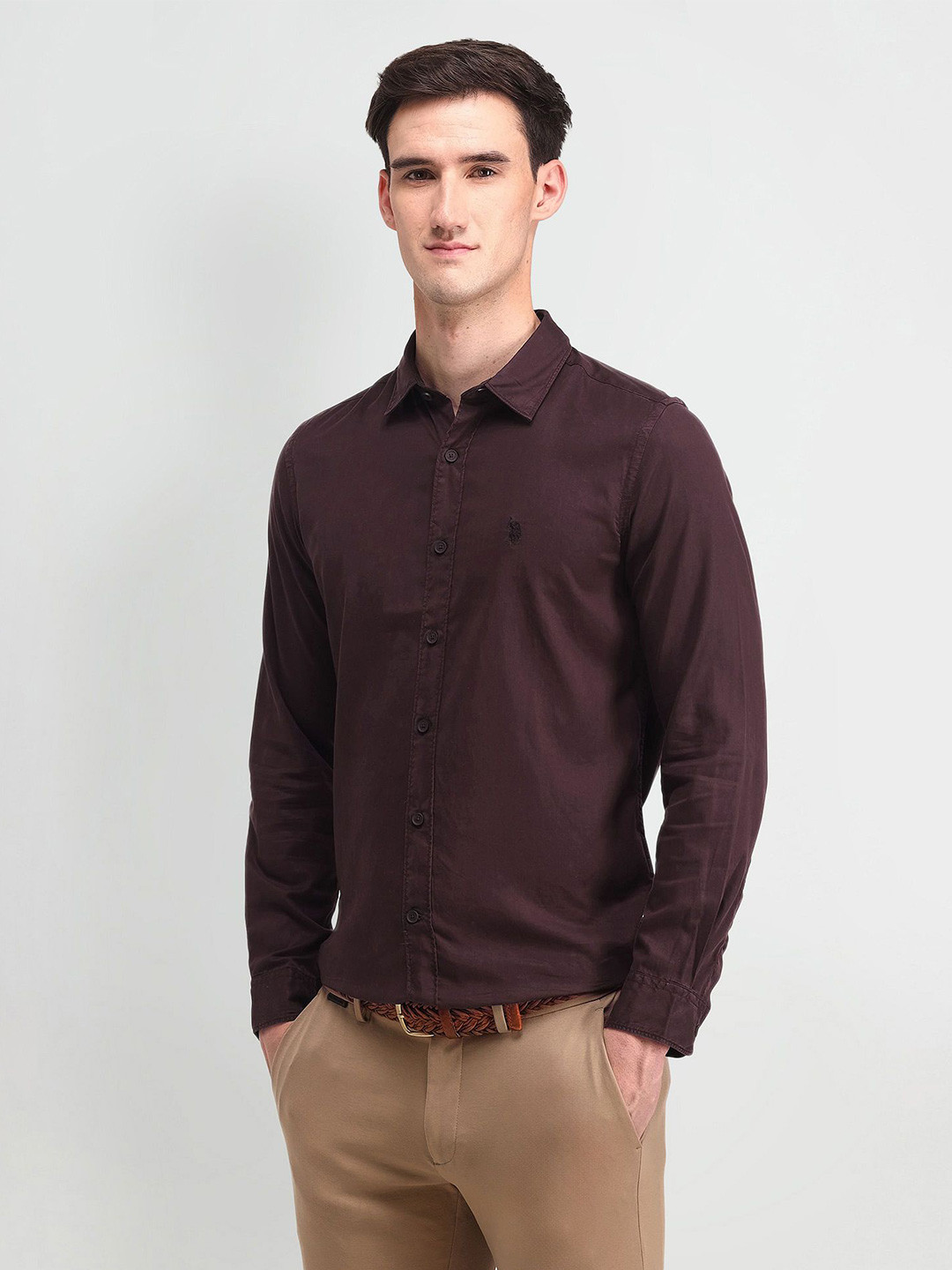 U.S. Polo Assn. Denim Co. Men Spread Collar Solid Lyocell Slim Fit Casual Shirt