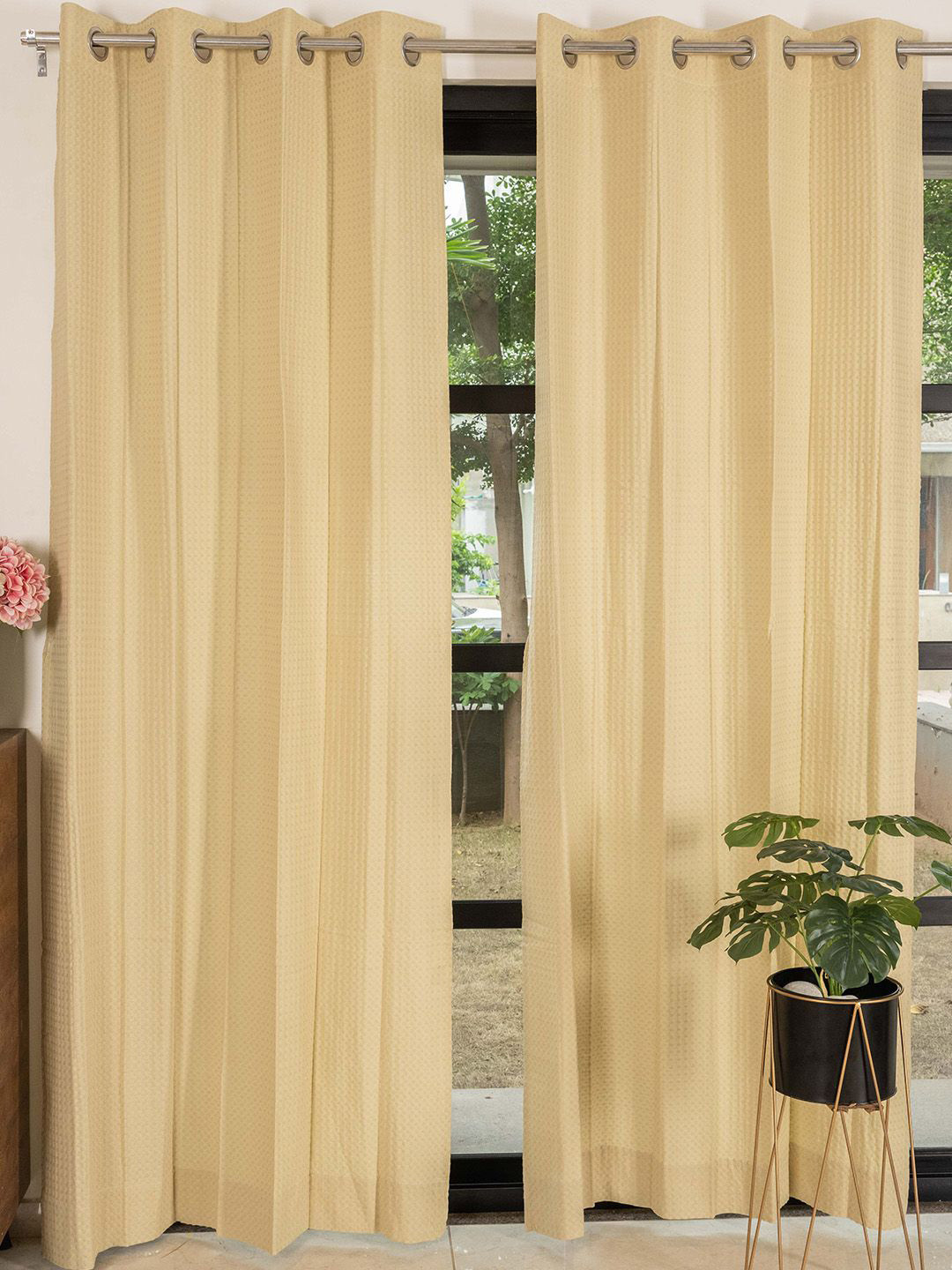 URBAN SPACE Beige 2 Pieces Self Design Cotton Door Curtain