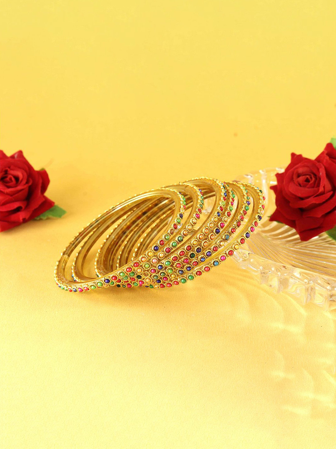 ZULKA Set Of 12 Moti Pearls Work Glass Bangles