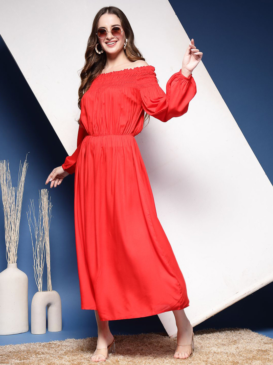 DAEVISH Solid Off-Shoulder Puff Sleeve Fit & Flare Maxi Dress