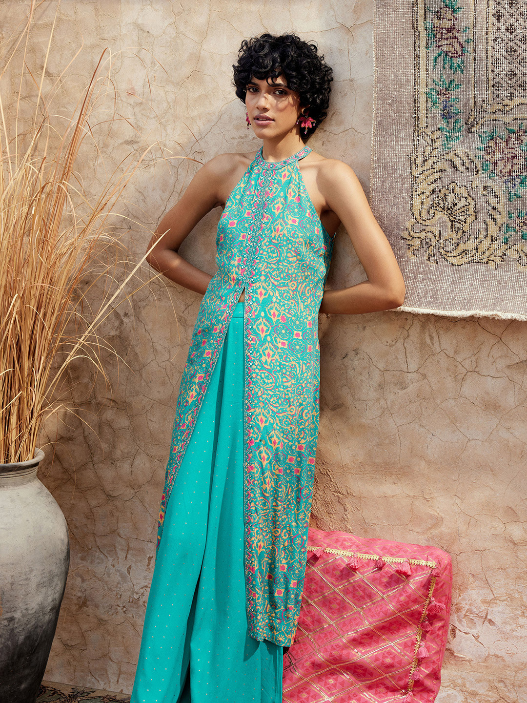 Global Desi Ethnic Motifs Printed Halter Neck Fusion Kurta with Palazzos