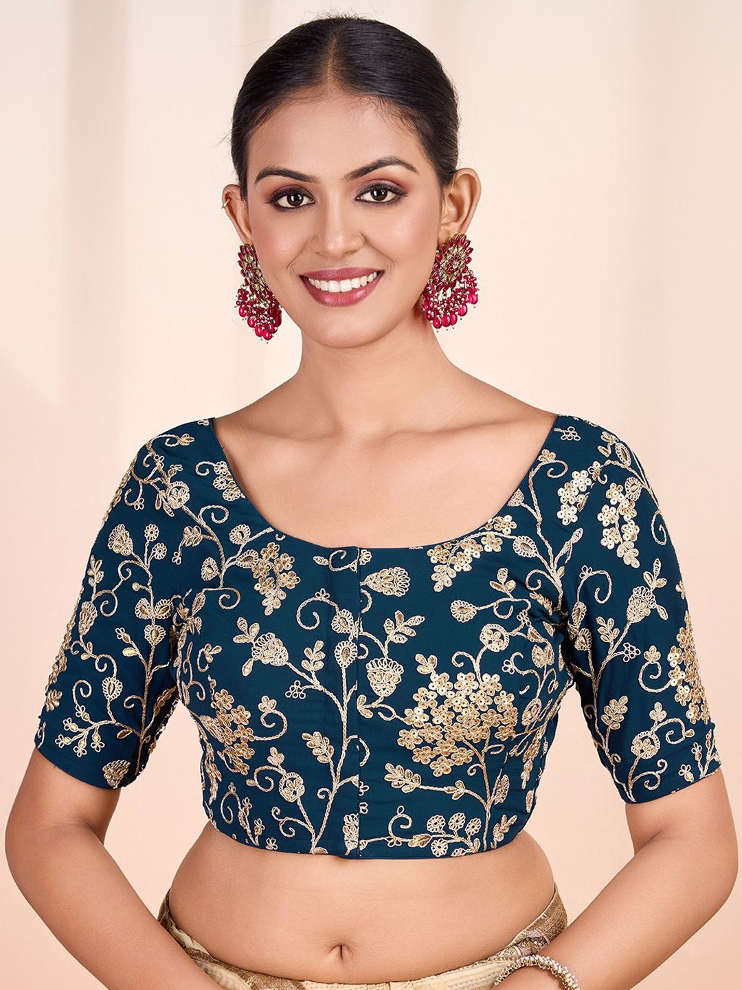 Inddus Women Teal Colour Embroidered Saree Blouse