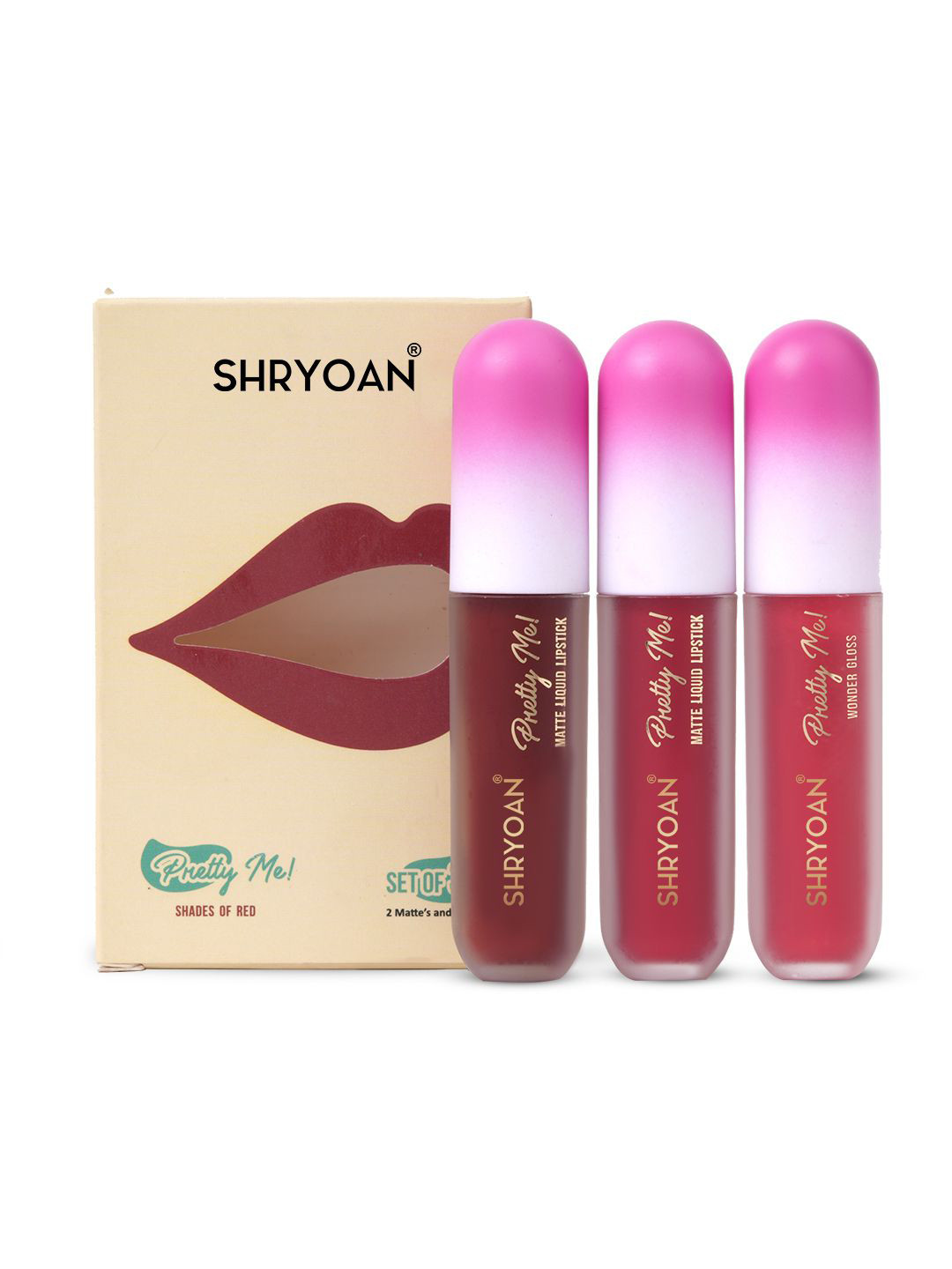 SHRYOAN Set Of 3 Pretty Me Water Proof 2 Liquid Lipstick & Lip Gloss - 3.5g -Shade Of Red