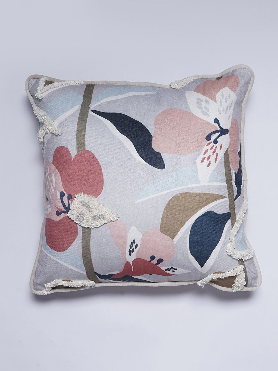 SANSKRUTIHOMES Grey Floral Velvet Washable Embroidered Square Cushion Cover -16x16In