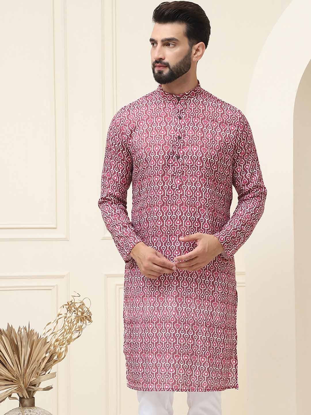 SOJANYA Geometric Printed Band Collar Pure Cotton Straight Kurta