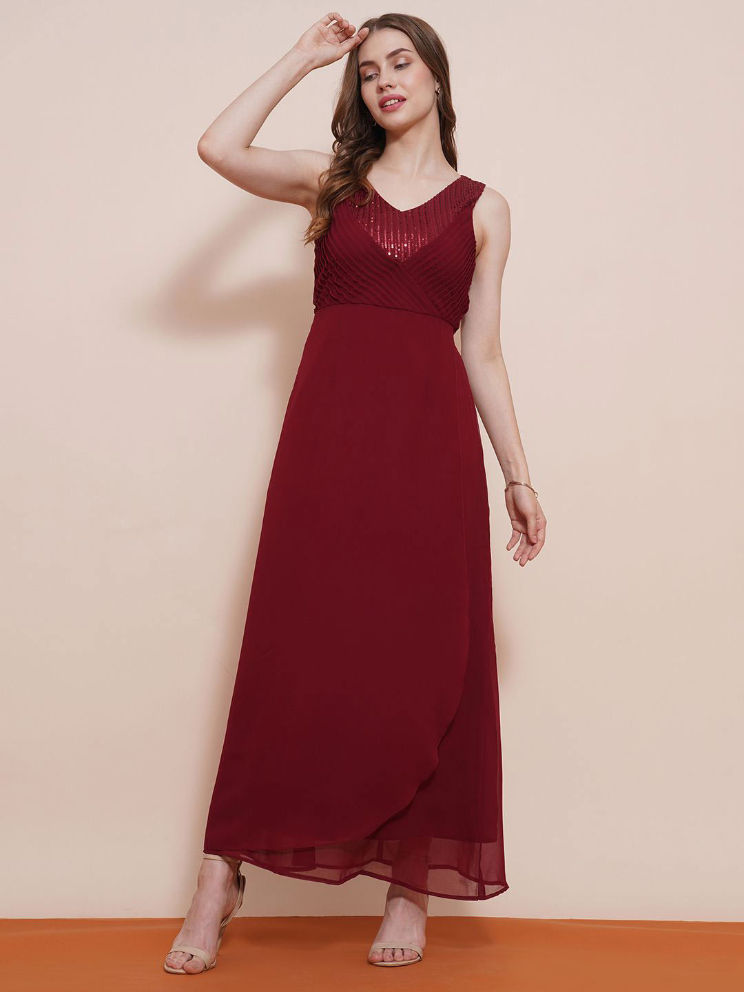 Globus Women Maroon V-Neck Sequined Pintuck Fit & Flare Maxi Party Dress
