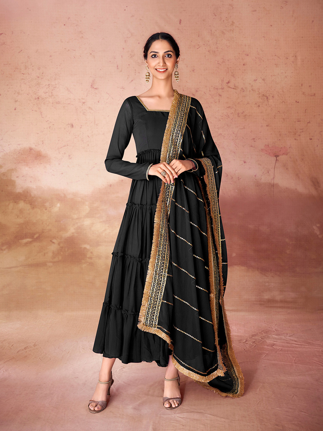 Fusionic Women Embroidered Square Neck Long Sleeves Anarkali Maxi Ethnic Dress