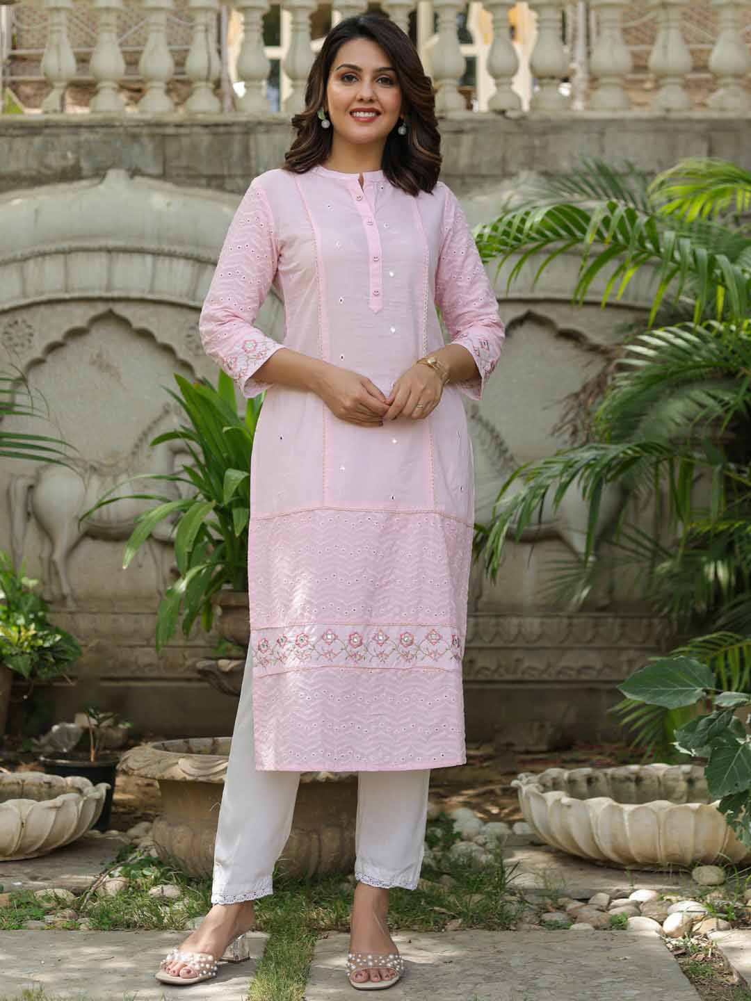 Readiprint Floral Embroidered Mirror Work Mandarin Collar Straight Kurta