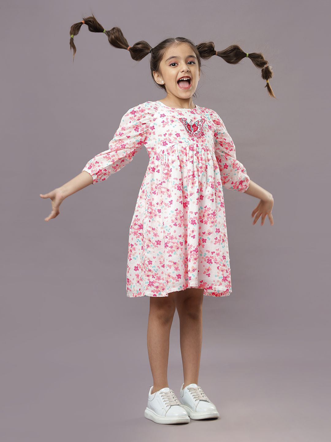 TeenTrums Kids-Girls Floral Print Puff Sleeve Fit & Flare Dress