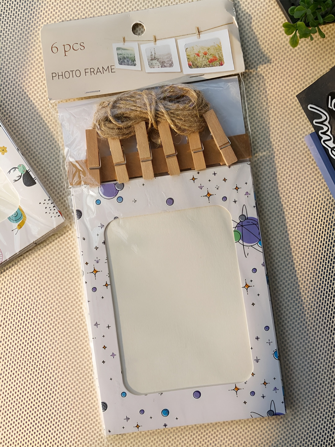 Art Street Green & White 6 Pieces Planets Wall Photo Frames With Clips & Thread