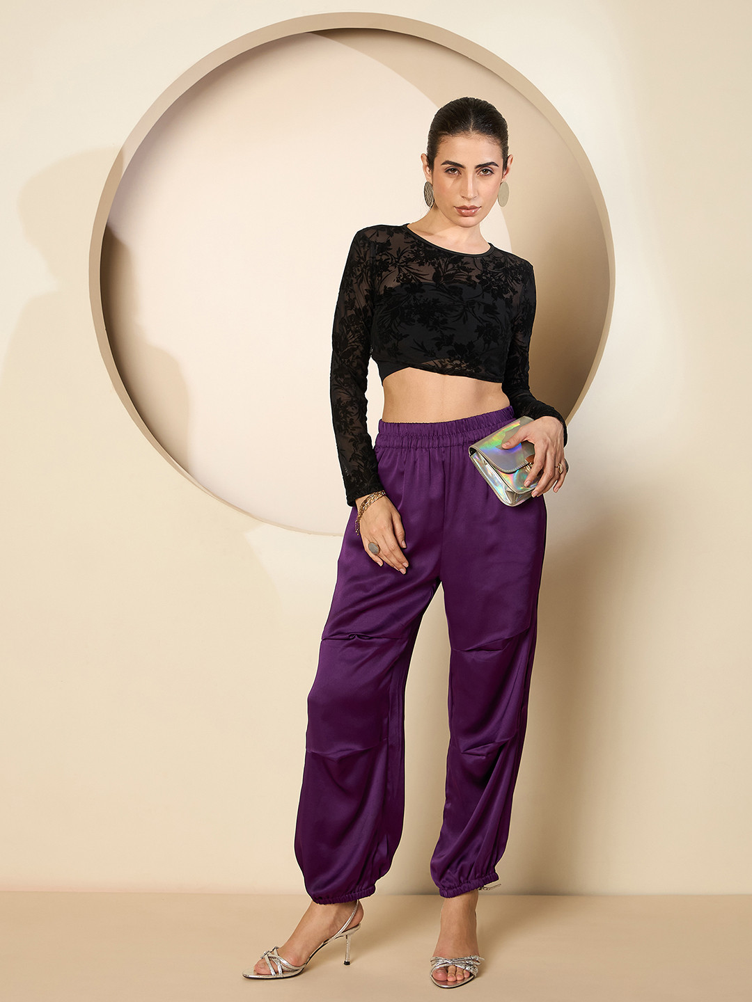 Antheaa Women Smart High-Rise Velvet Trousers