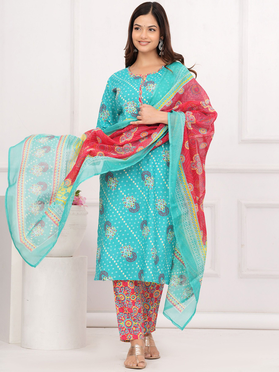 His&Her Floral Printed Beads and Stones Pure Cotton Kurta with Trousers & Dupatta