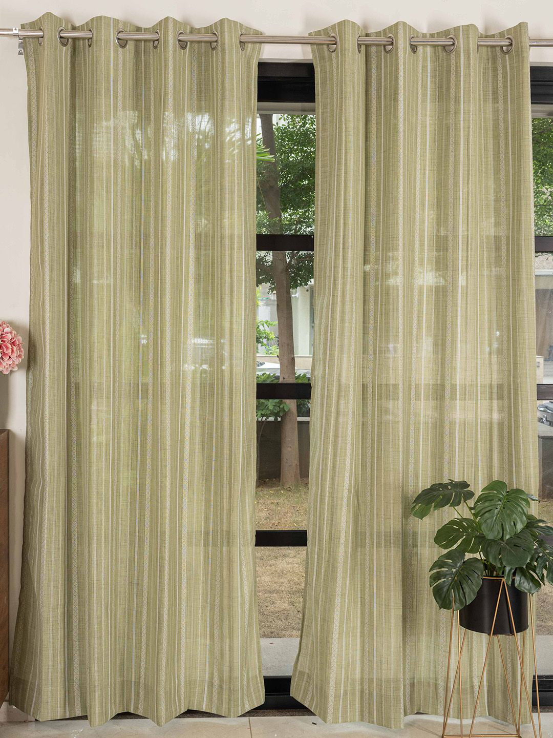 URBAN SPACE Vertical Weaves Sage Green 2 Pieces Geometric Self Design Sheer Door Curtains