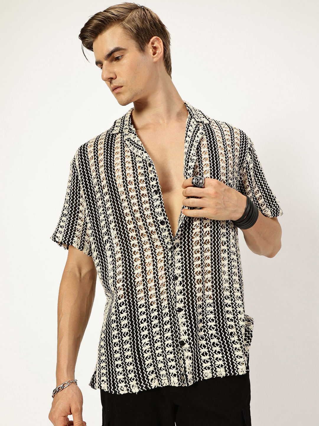 THIRD QUADRANT Men Super Cuban Collar Striped Self Design Cotton Relaxed Fit Casual Shirt