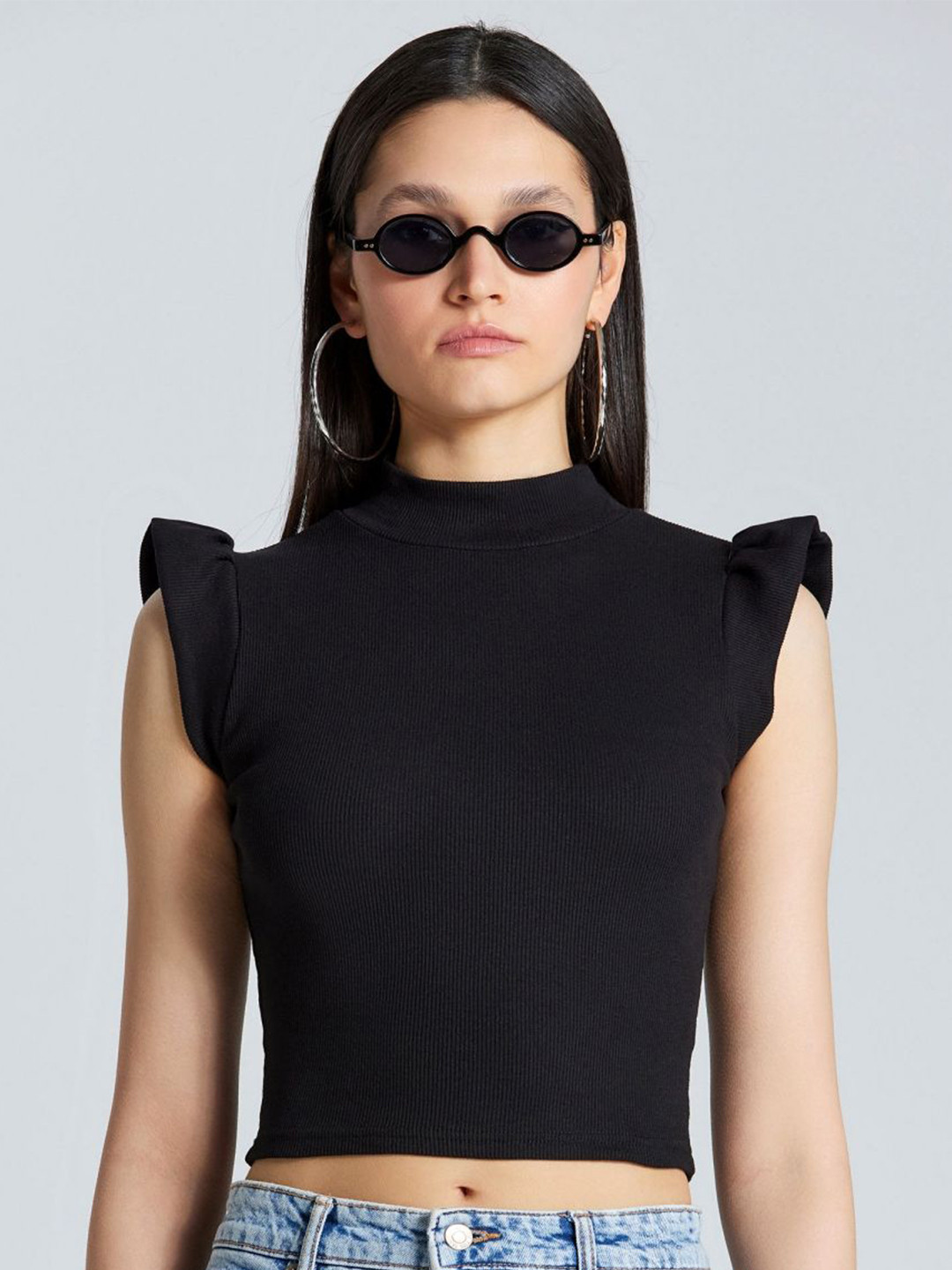 ZOMODA Women's High Neck Flutter Sleeve Cotton Crop Top