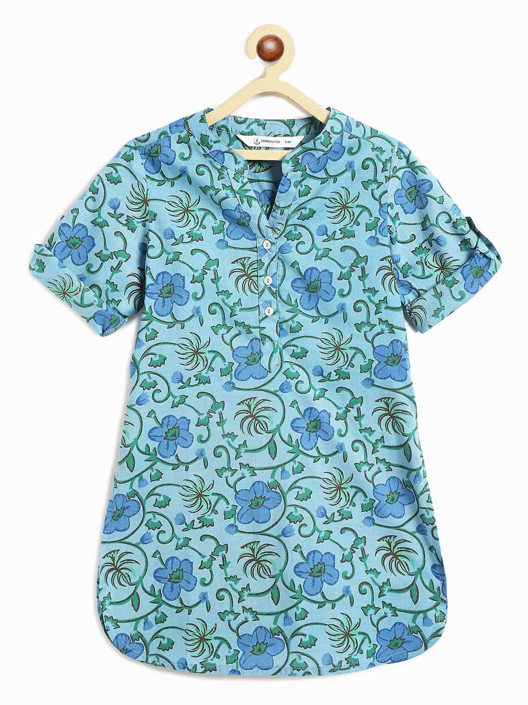 Campana Urvashi Girls Floral Printed Mandarin Collar Roll-Up Sleeves Cotton A-Line Kurta