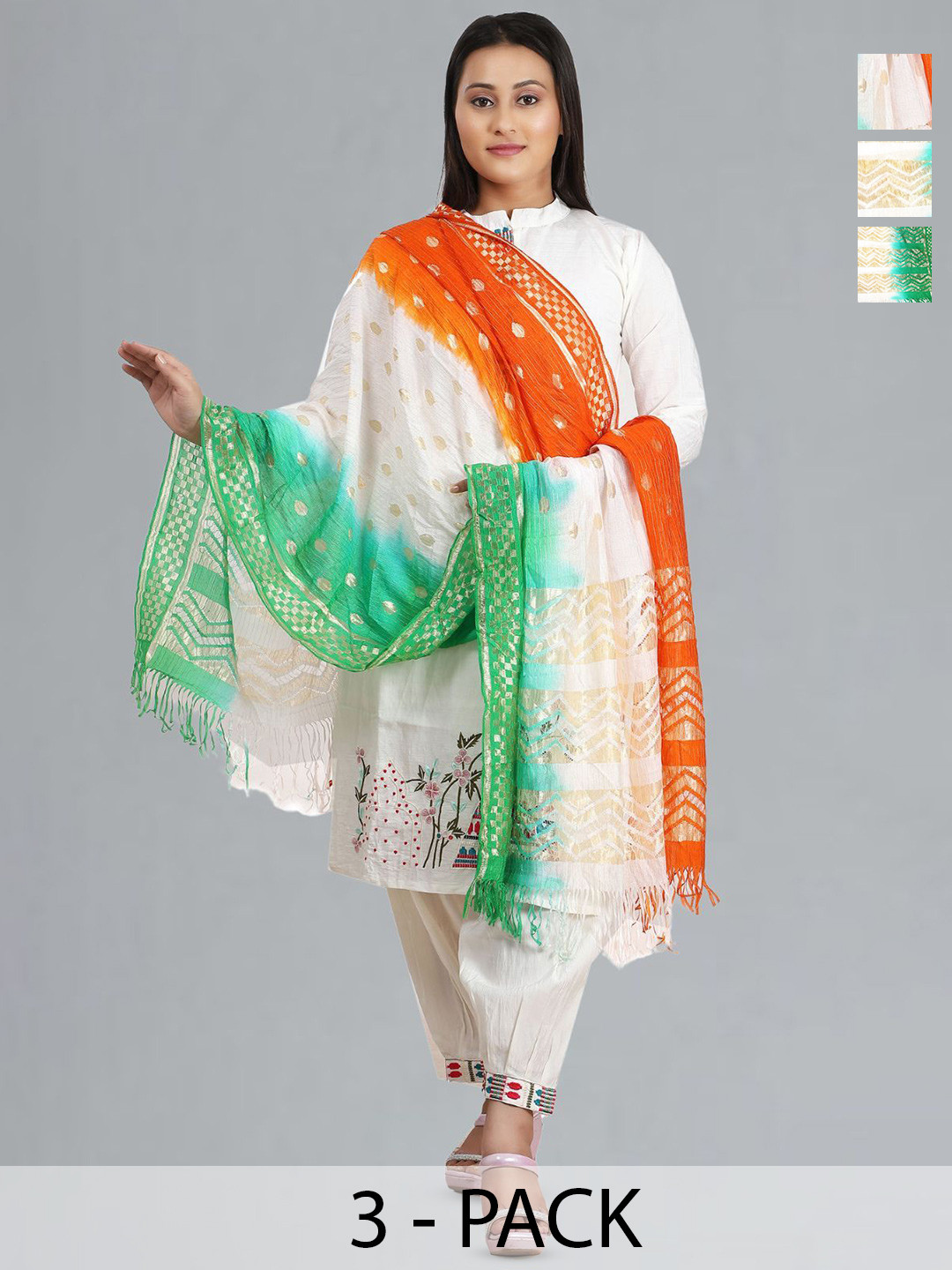 Fabme ack Of 3 Floral Woven Design Zari Dupattas