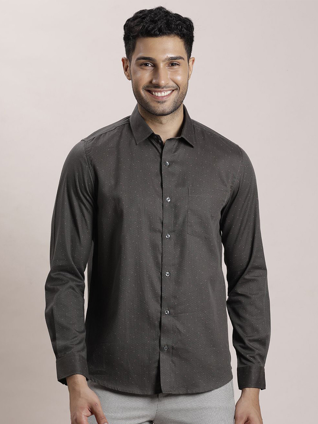 Turtle Men Classic Spread Collar Micro Ditsy Printed Lyocell Slim Fit Formal Shirt