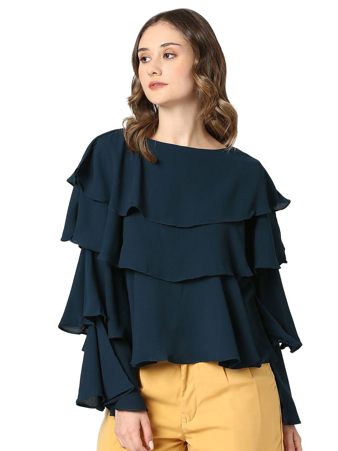 AMMARZO Women Flared Sleeves Layered Ruffle Linen Top