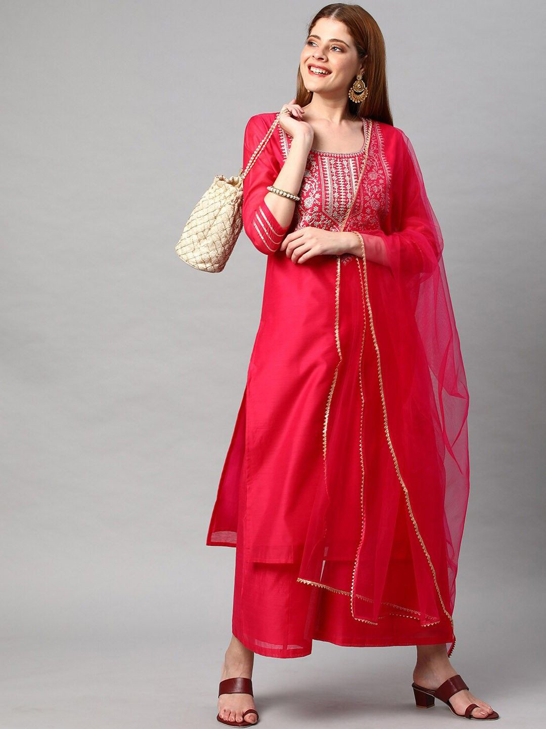 Anni Designer Embroidered Yoke Design Round Neck Straight Kurta with Palazzos & Dupatta