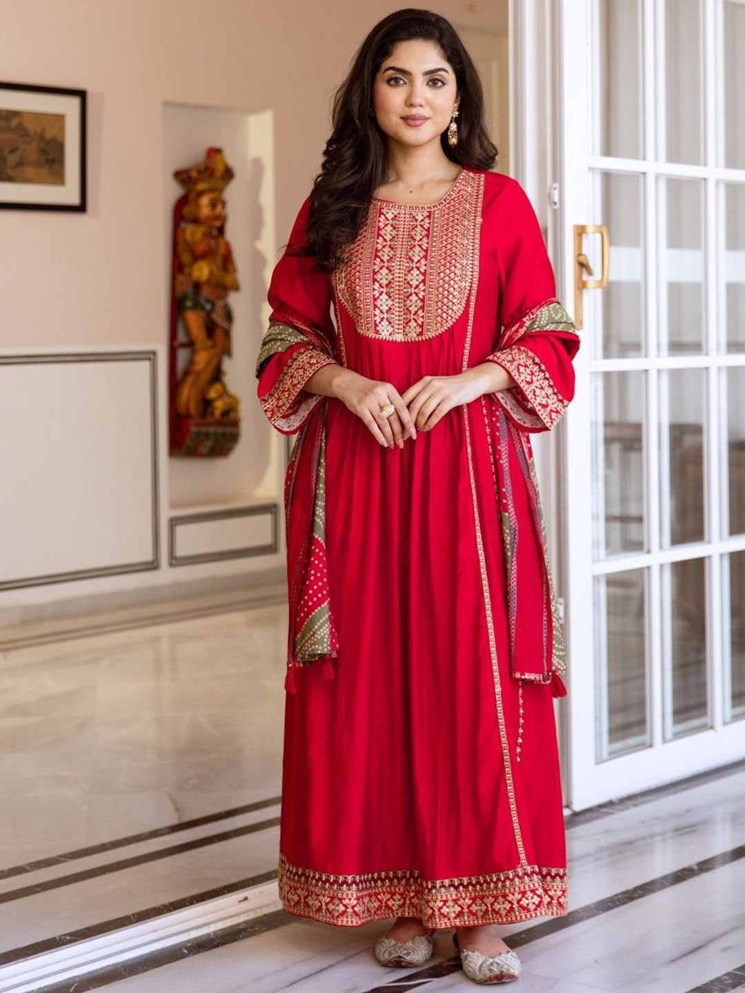 AUTUMN LANE Mani Rosso Yoke Design Thread Work Cotton Silk Kurta with Trousers & Dupatta