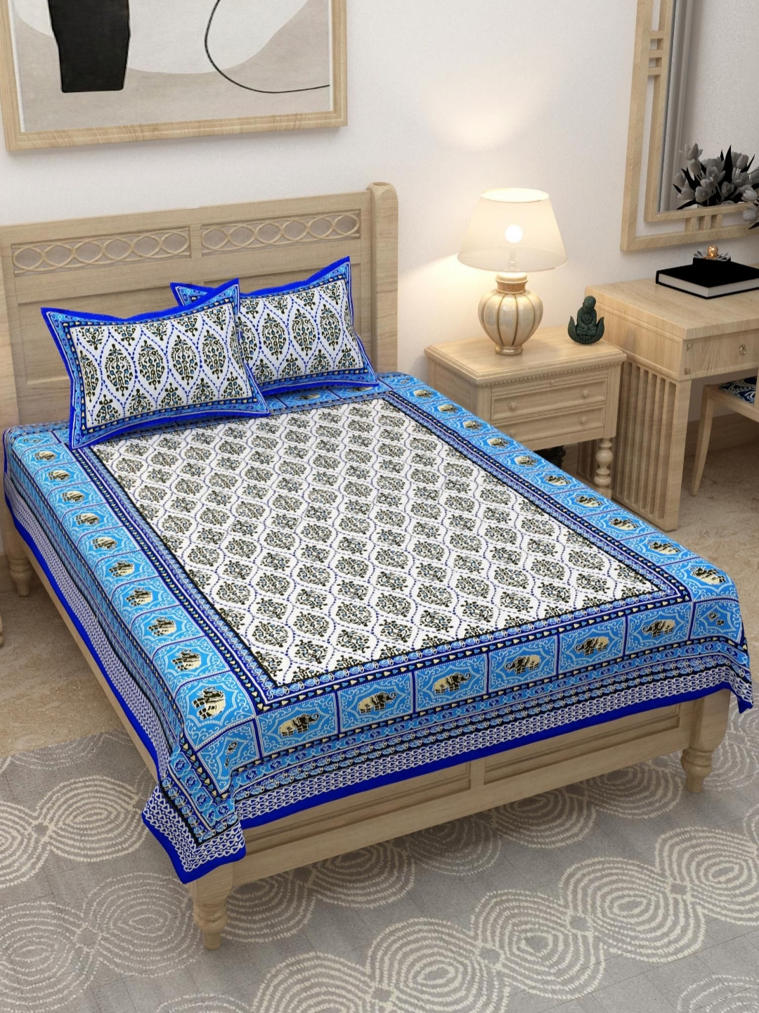 Lali Prints Blue Ethnic Motifs Cotton 180 TC Double Fine Bedsheet with 2 Pillow Covers-60 x 90 inches