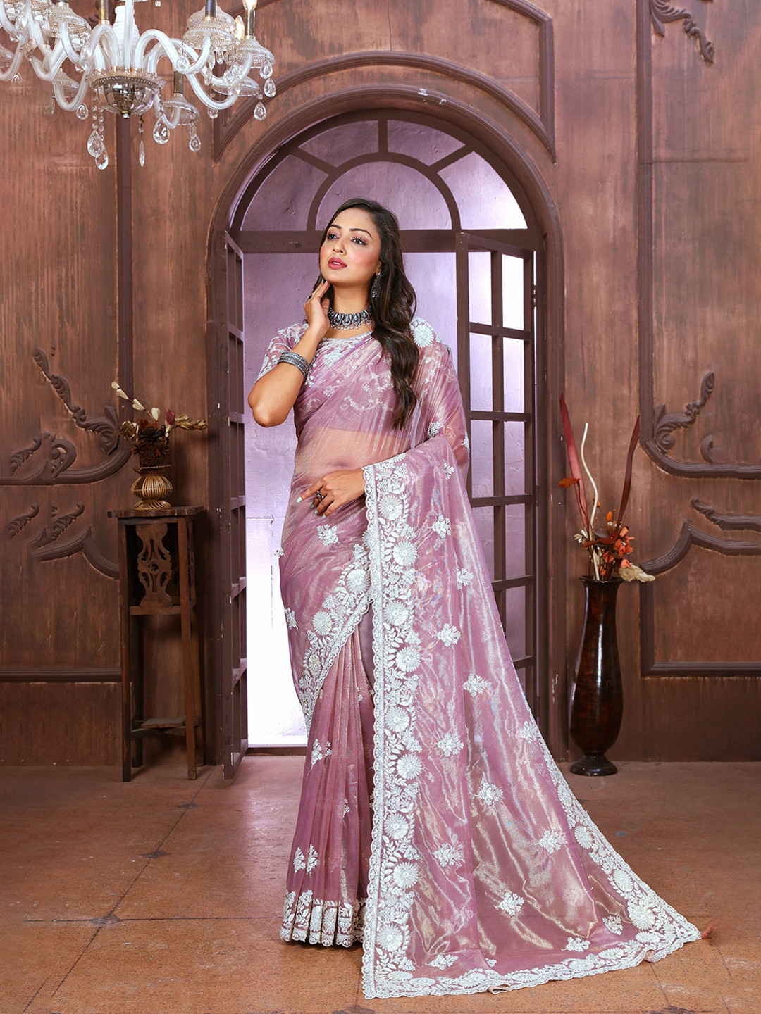 Arron Creats Embellished Embroidered Net Heavy Work Saree