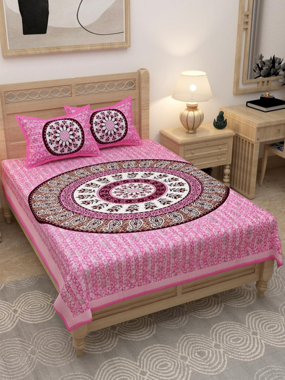 Lali Prints Upvan Collection Pink Ethnic Motifs Cotton 180 TC Double Fine Bedsheet with 2 Pillow Covers-60 x 90 inches