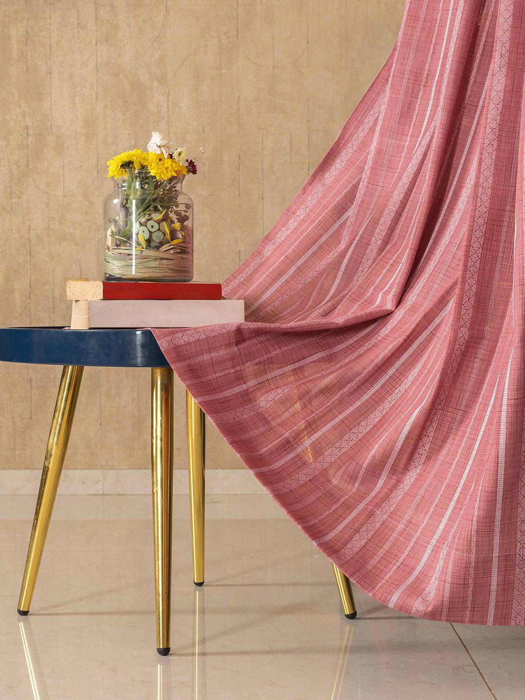 URBAN SPACE Pink & White 2 Pieces Striped Sheer Door Curtain