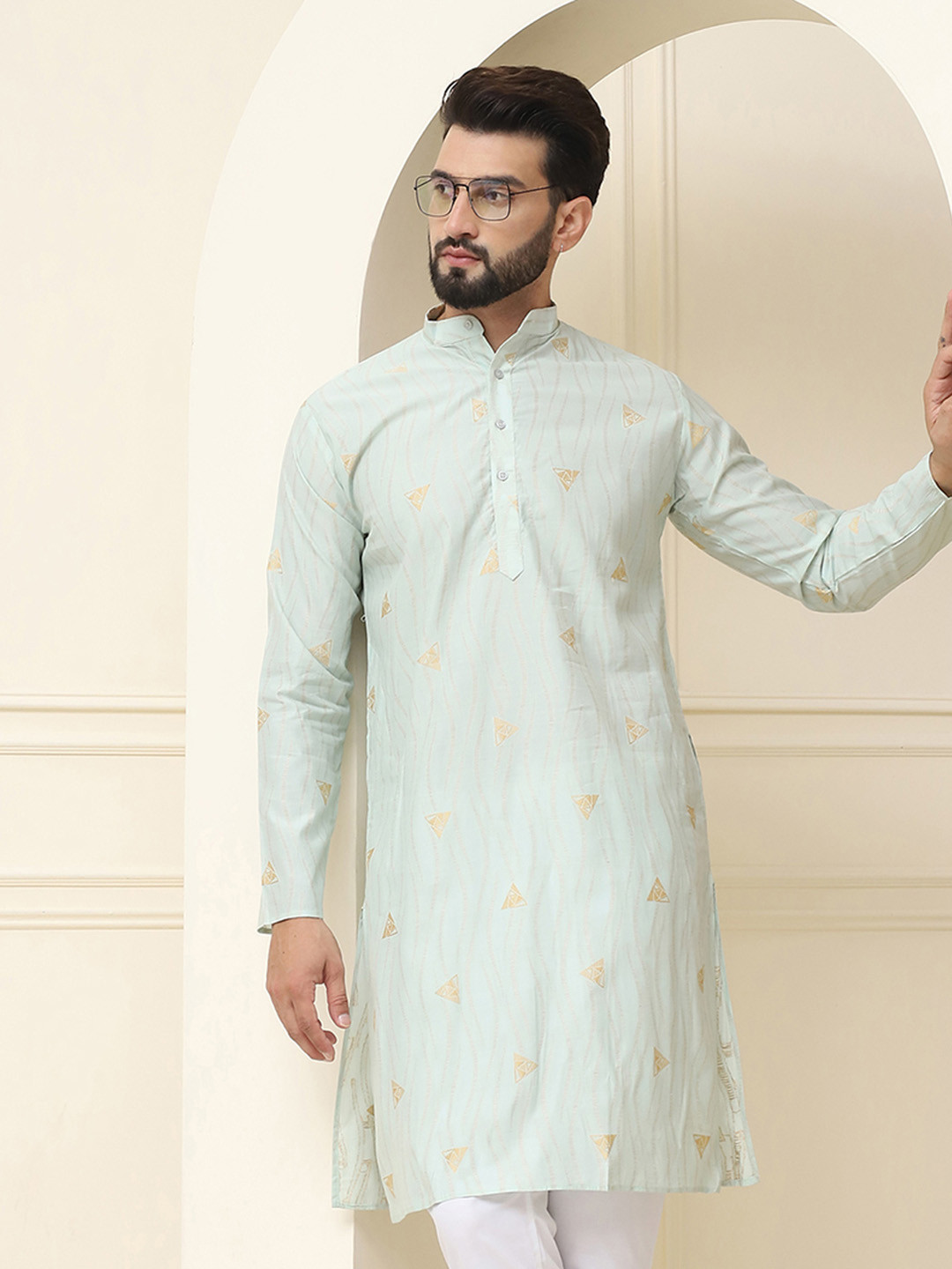 SOJANYA Geometric Woven Design Band Collar Neck Regular Cotton Silk Kurta