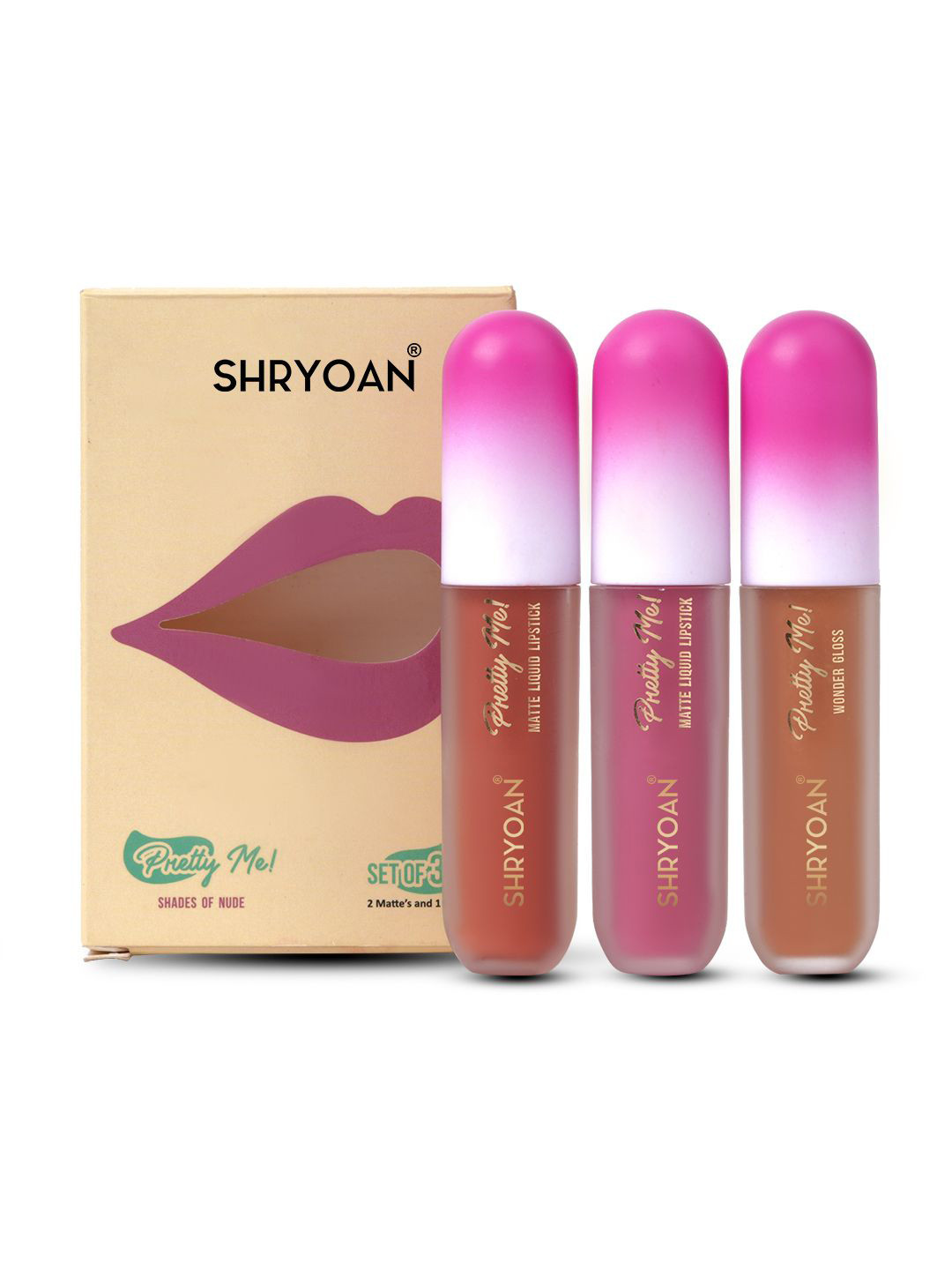 SHRYOAN Set Of 3 Pretty Me Water Proof 2 Liquid Lipstick & Lip Gloss -3.5g -Shade Of Nude