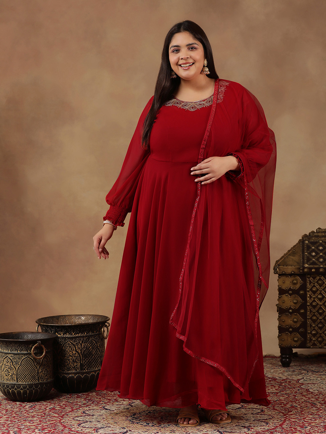 INDDUS PLUS Yoke Design Sequinned Artwork Georgette Anarkali Kurta with Dupatta