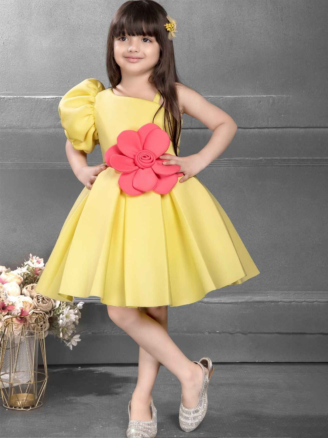 Lagorii Girl One-Shoulder Floral Embellished Fit & Flare Dress