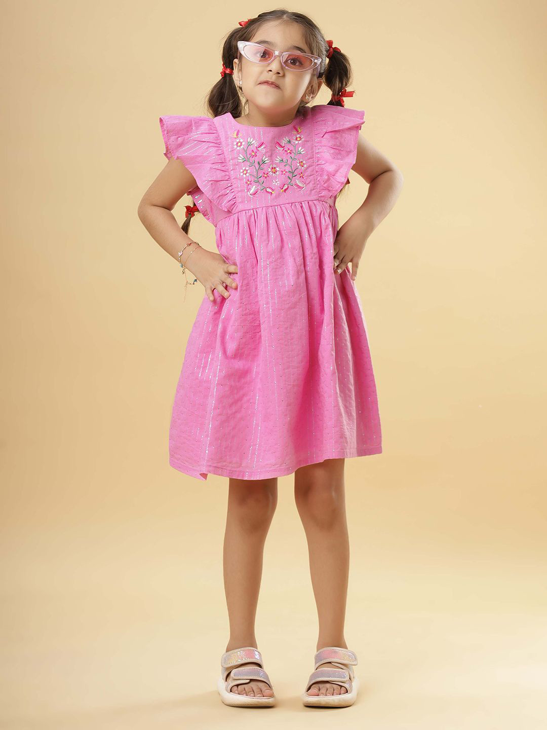 TeenTrums  Girl Embroidered Flutter Sleeve Fit & Flare Dress